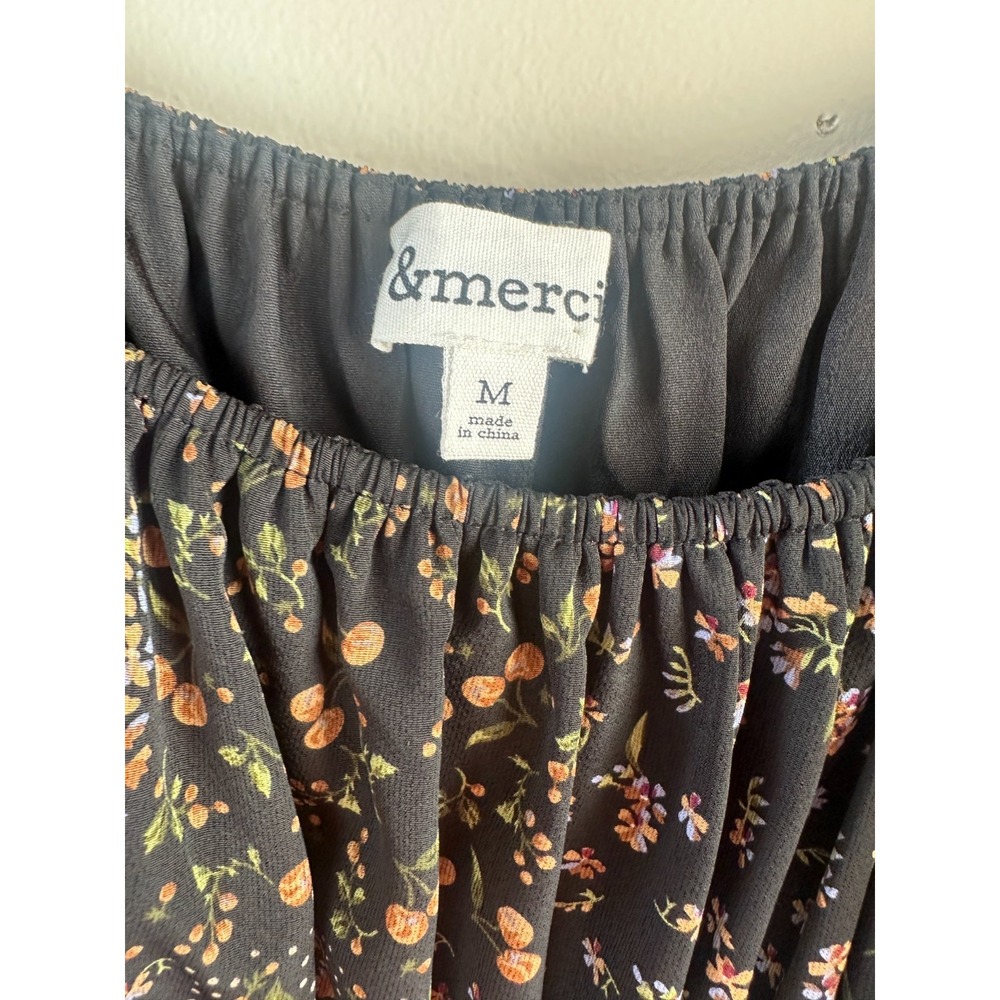 &merci Off the Shoulder Smocked Mini Dress Black Medium Floral Puff Sleeve Boho - Picture 7 of 10